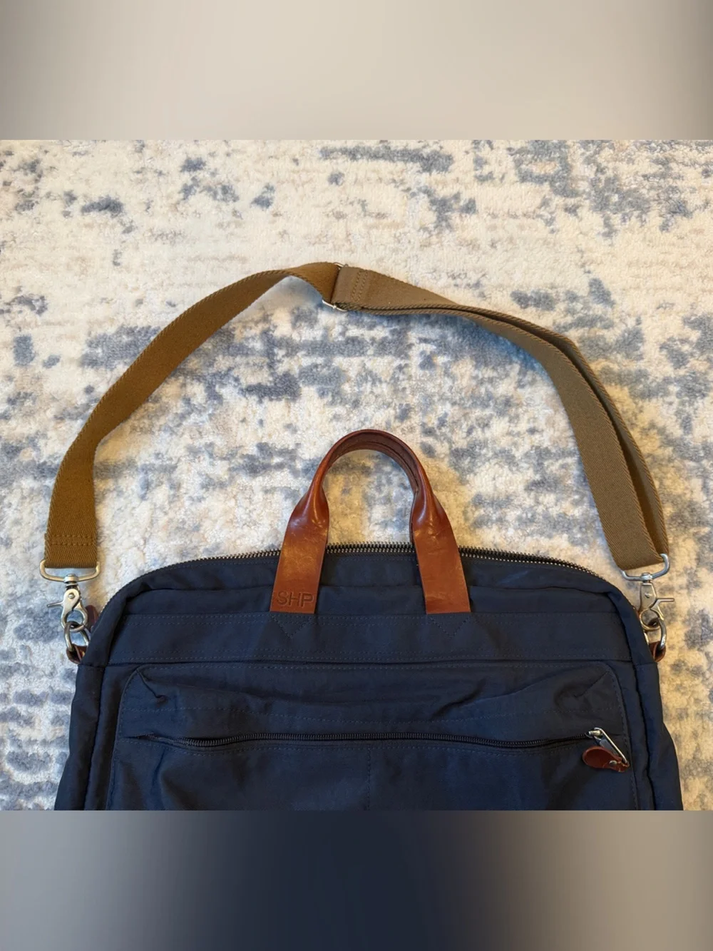 J. Crew Navy Laptop Briefcase with Brown Leather Handles